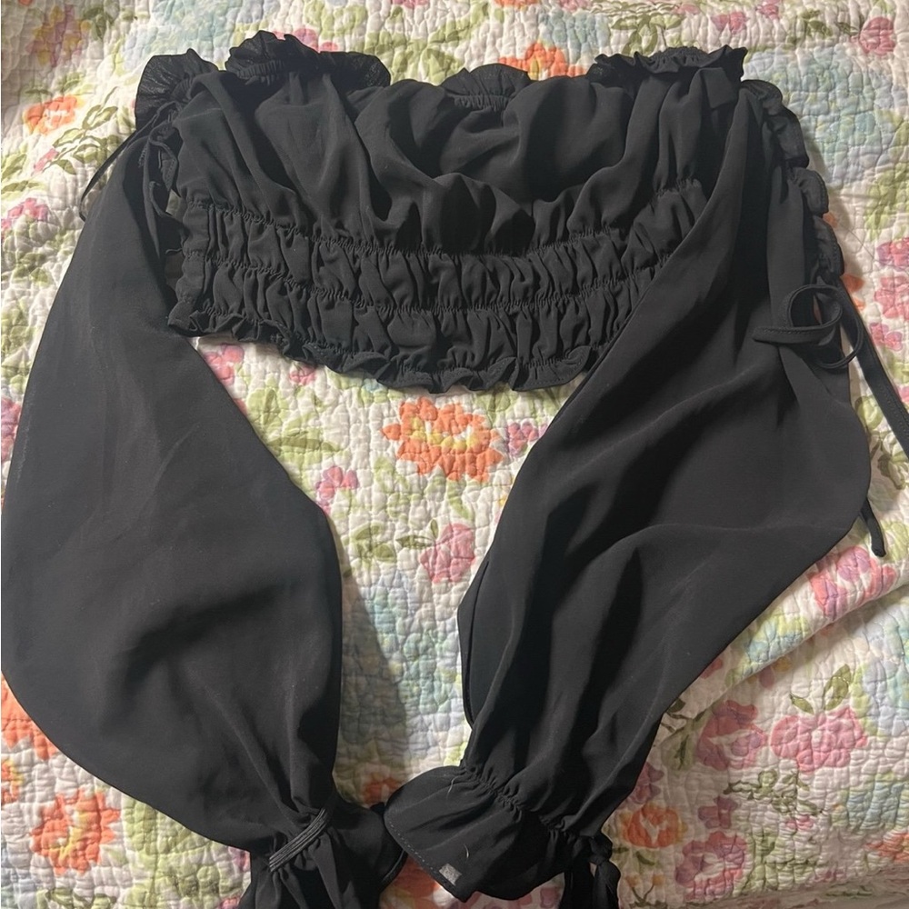 Fashion Nova Black Smocked Off-Shoulder Crop Top